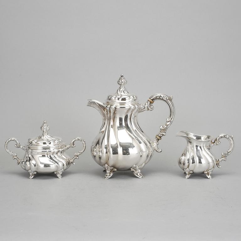 KAFFESERVIS, 3 delar, silver, rokokostil, Tyskland, svenska importstämplar. Vikt Ca 1167 gram.
