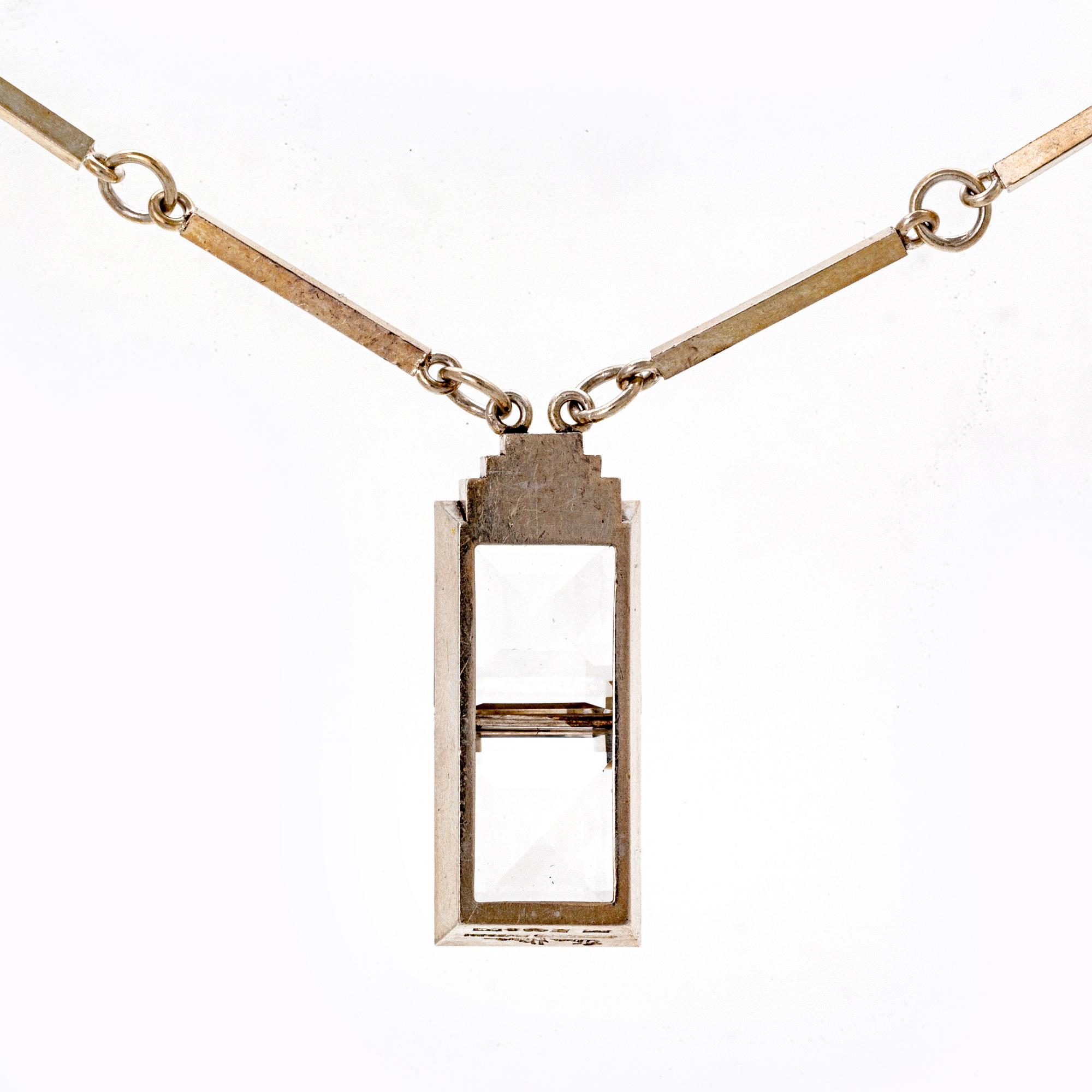 Wiwen Nilsson, pendant on chain, sterling silver, two rock crystal sapprox 15 x 15 mm each, Lund 1945.
