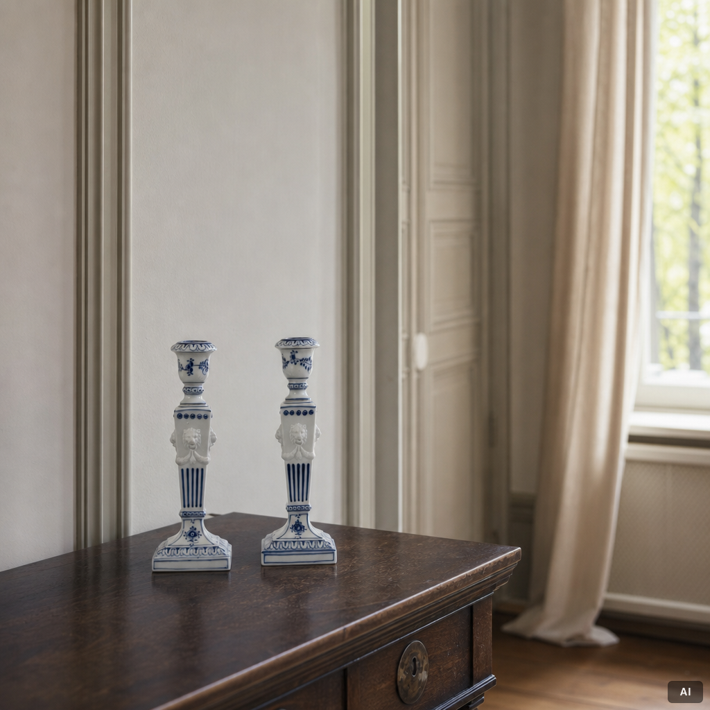 A pair of Royal Copenhagen 'Blue fluted' candle sticks, Denmark, 20th century.