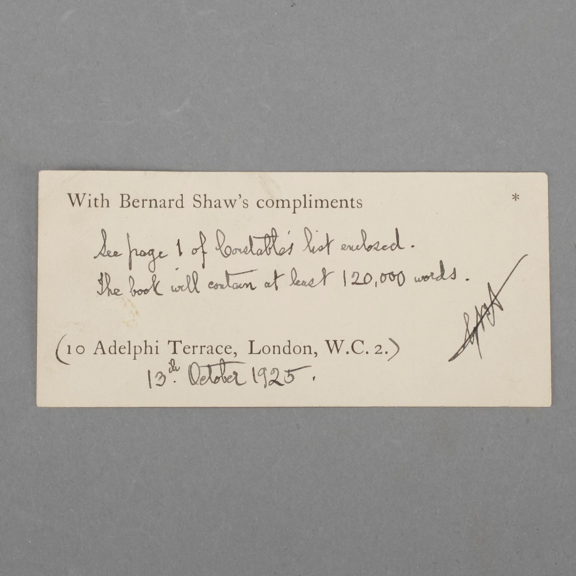 GEORGE BERNHARD SHAW (1856-1950), signatur med hälsning.