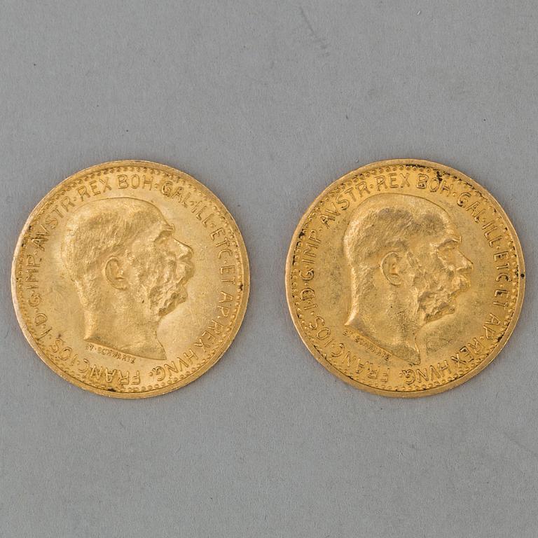 Two 10 kr gold coin, Austria-Hungary, 1910 and 1911.