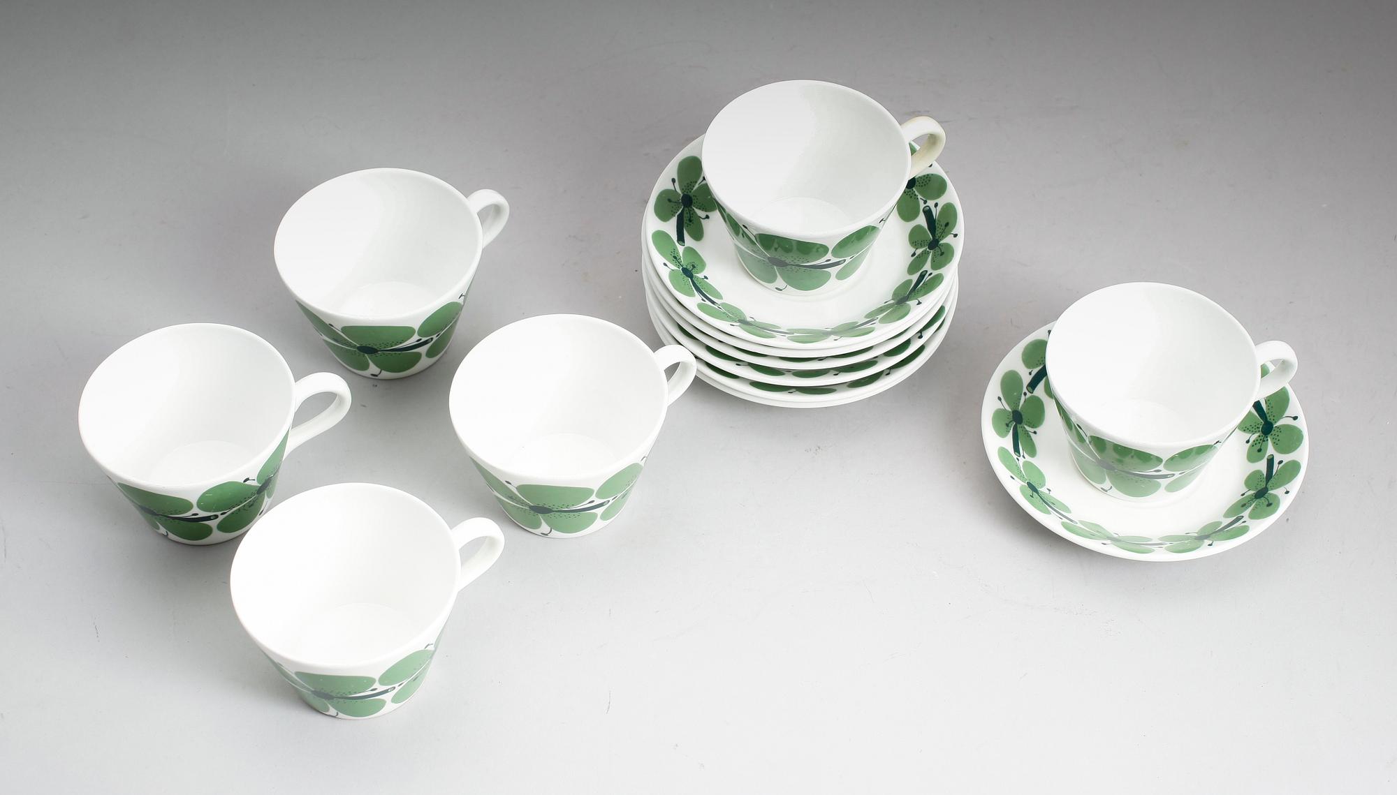 KAFFEKOPPAR MED FAT, 6 st, porslin, "Verdi", Stig Lindberg, Gustavsberg.