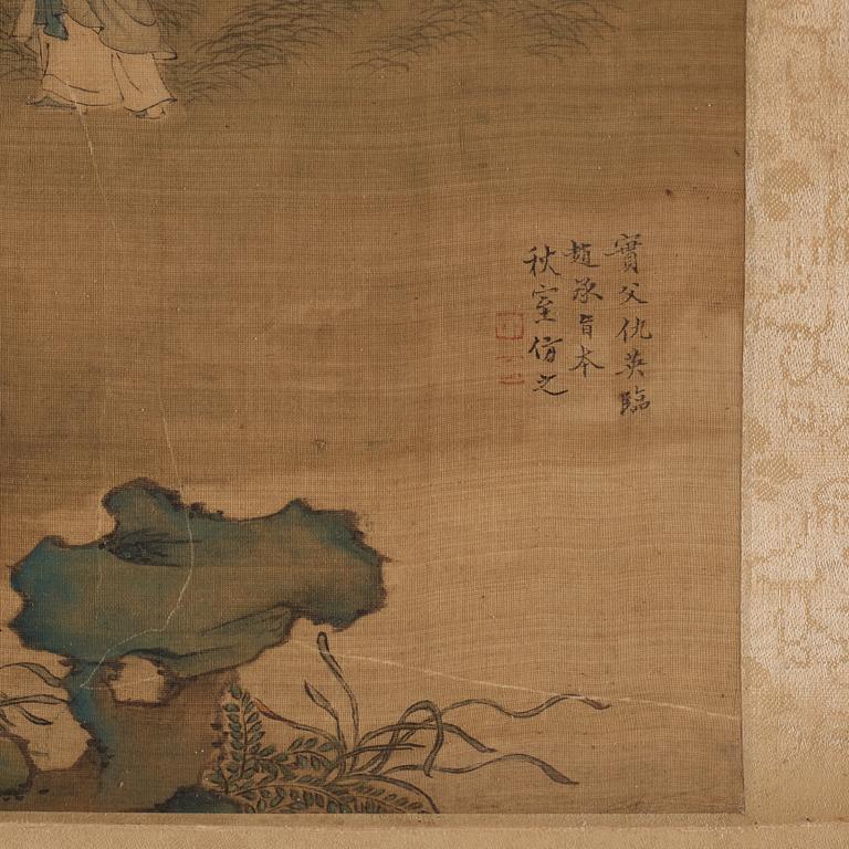 A Chinese scroll painting, ink and colour on silk laid on paper, Qing dynasty, probably 18th Century.