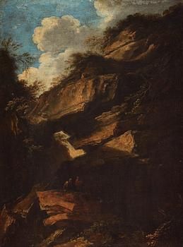 395. Salvator Rosa Hans krets, Klipplandskap med två figurer.