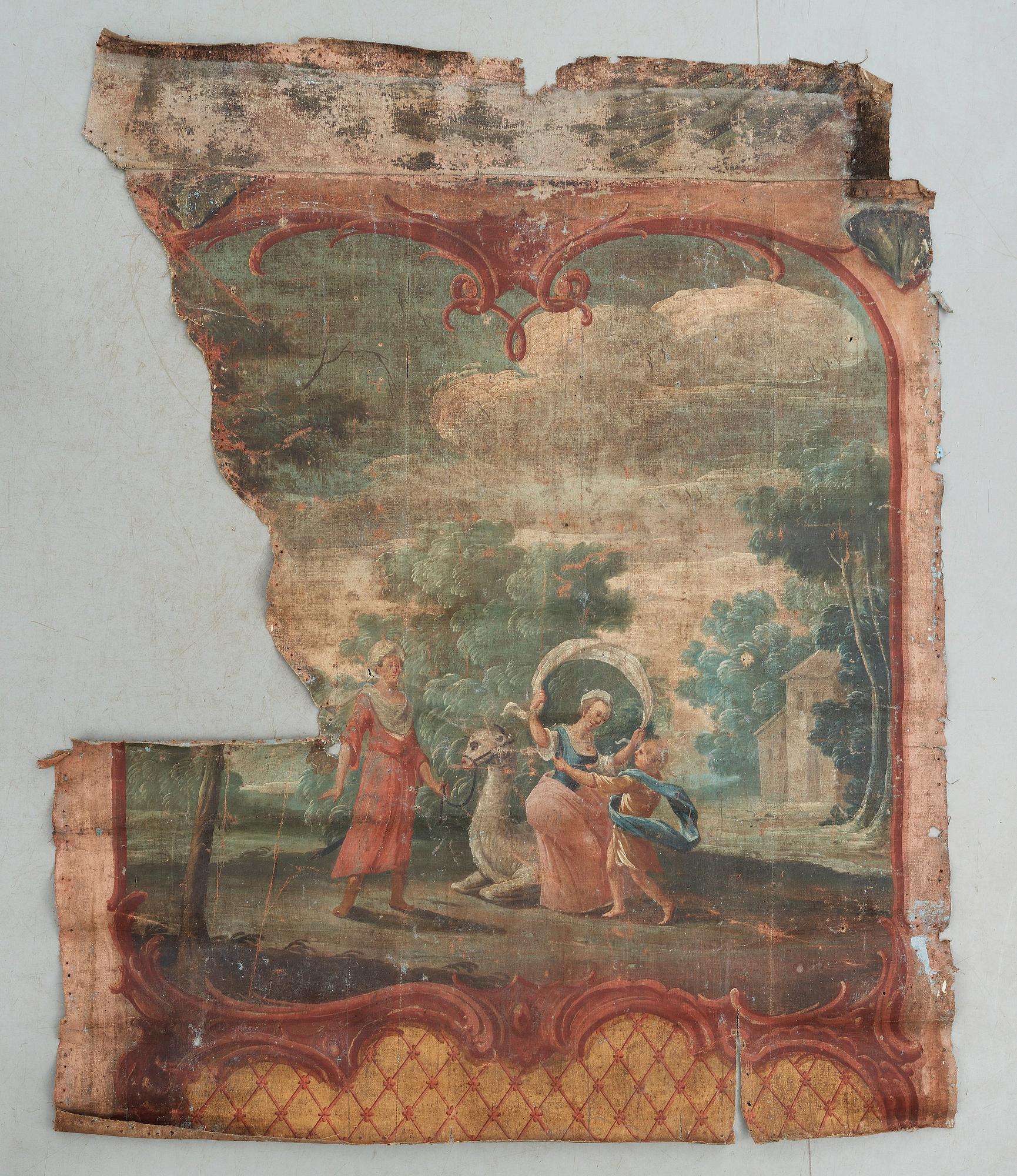 TAPETER, 5 större delar, olja på linneväv.  Sverige, 1700-talets andra hälft. Rokoko.
