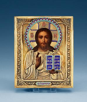 A Russian 19th century silver-gilt and enamel icon, unidentified makers mark, Moscow 1896.