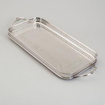 A silver plated brass tray from Fcavalier, England, second half of the 20th Century.