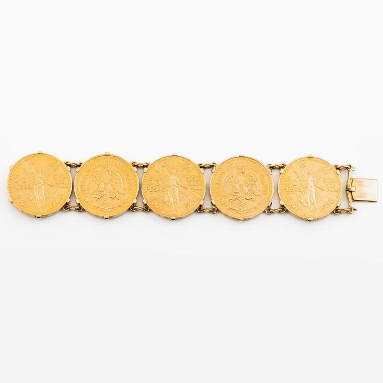 A bracelet gold set with mexican gold coins.