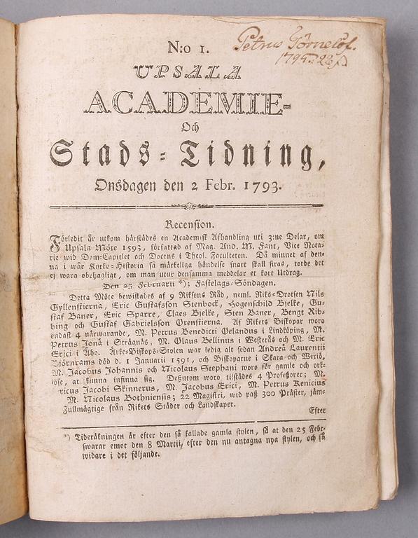 INBUNDEN TIDNING SAMT KUNGÖRELSE, 2 st, bla Upsala Academie och stadstidning. 1754 resp 1793.
