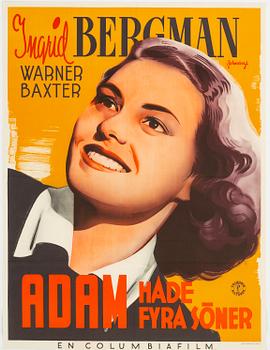 ERIC ROHMAN, a vintage movie poster, 'Adam hade fyra söner', Ingrid Bergman, J. Olséns Litografiska Anstalt, 1941.