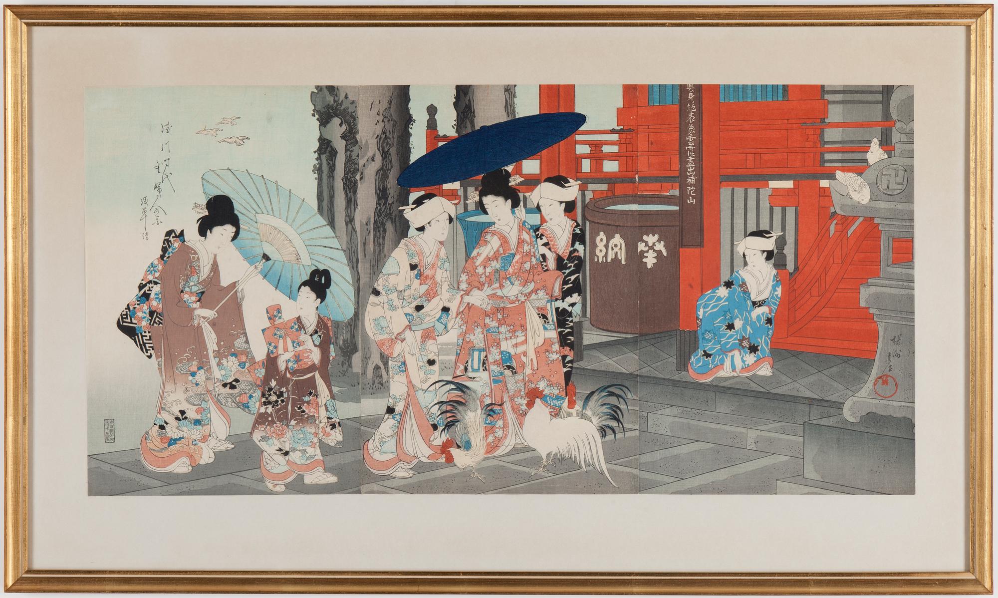 CHIKANOBU, träsnitt, triptyk, Japan.