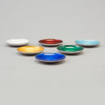 EGON LAURIDSEN, six sterling silver and enamel dishes, Denmark.