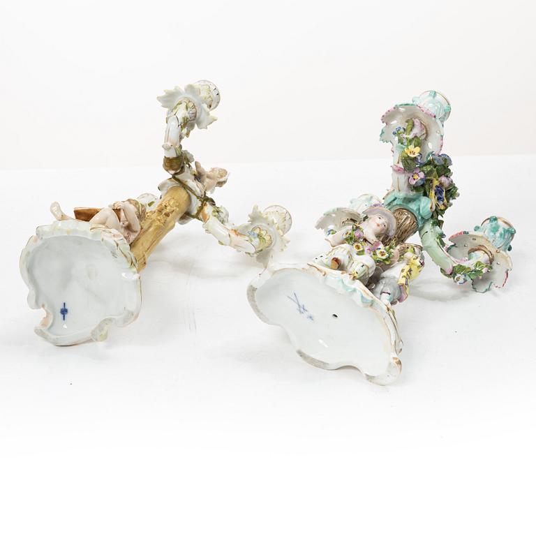 A pair of candelabra,  Meissen and Volkstedt, 19th–20th century.