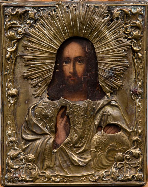 ICON, oil on wood panel, OKLAD, brass, Russia  turn of the 19th and 20th century.