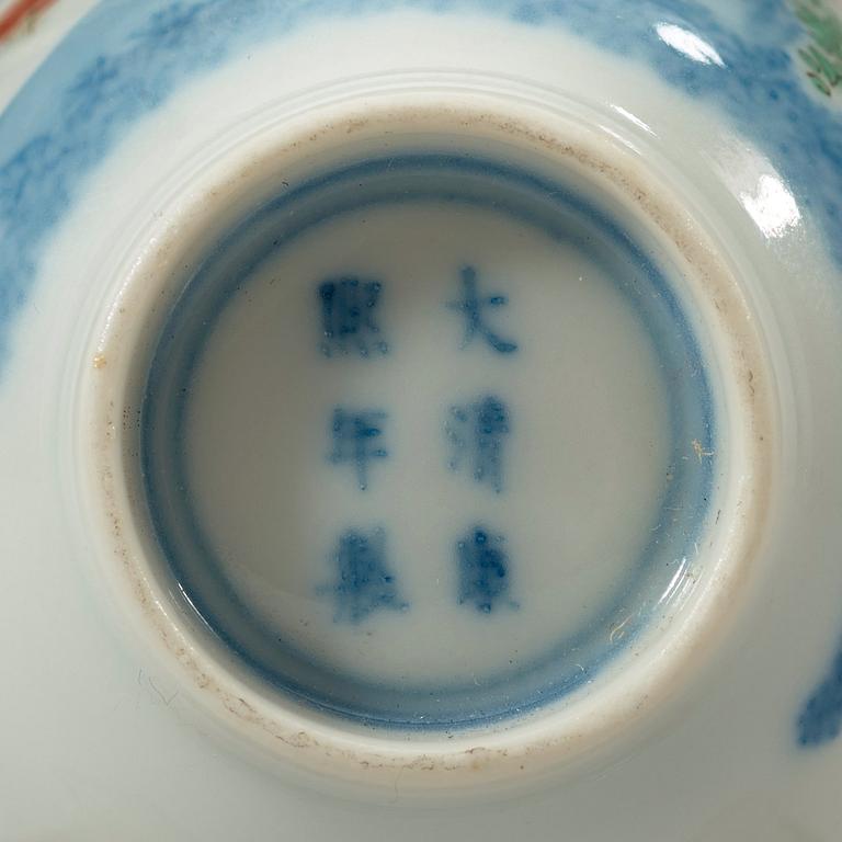 A pair of famille verte Month cups, presumably Republic. With Kangxi six characters mark.