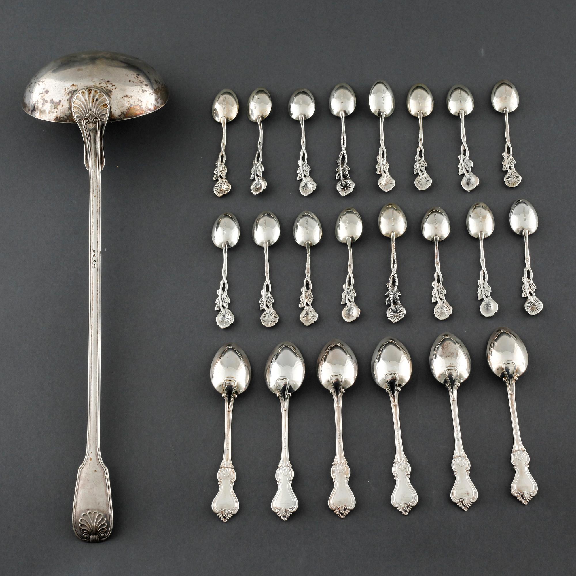 22 swedish silver spoons and one ladle, from the 19th and 20th century.
