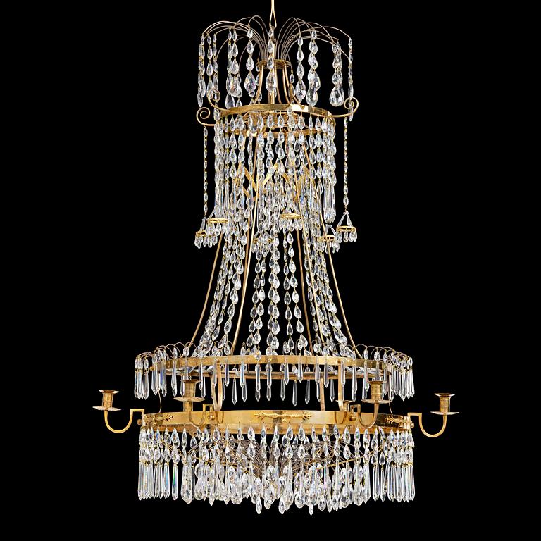 A late Gustavian gilt brass and cut glass seven-light chandelier, Stockholm, late 18th century.