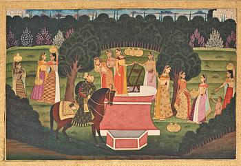 A painting of women in a garden around a well, ink and color on paper, India, 19th Century.