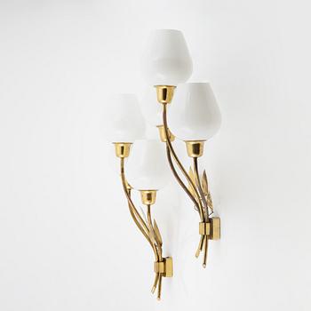 A pair of Swedish Modern glass and brass wall lights, 1940's/50's.