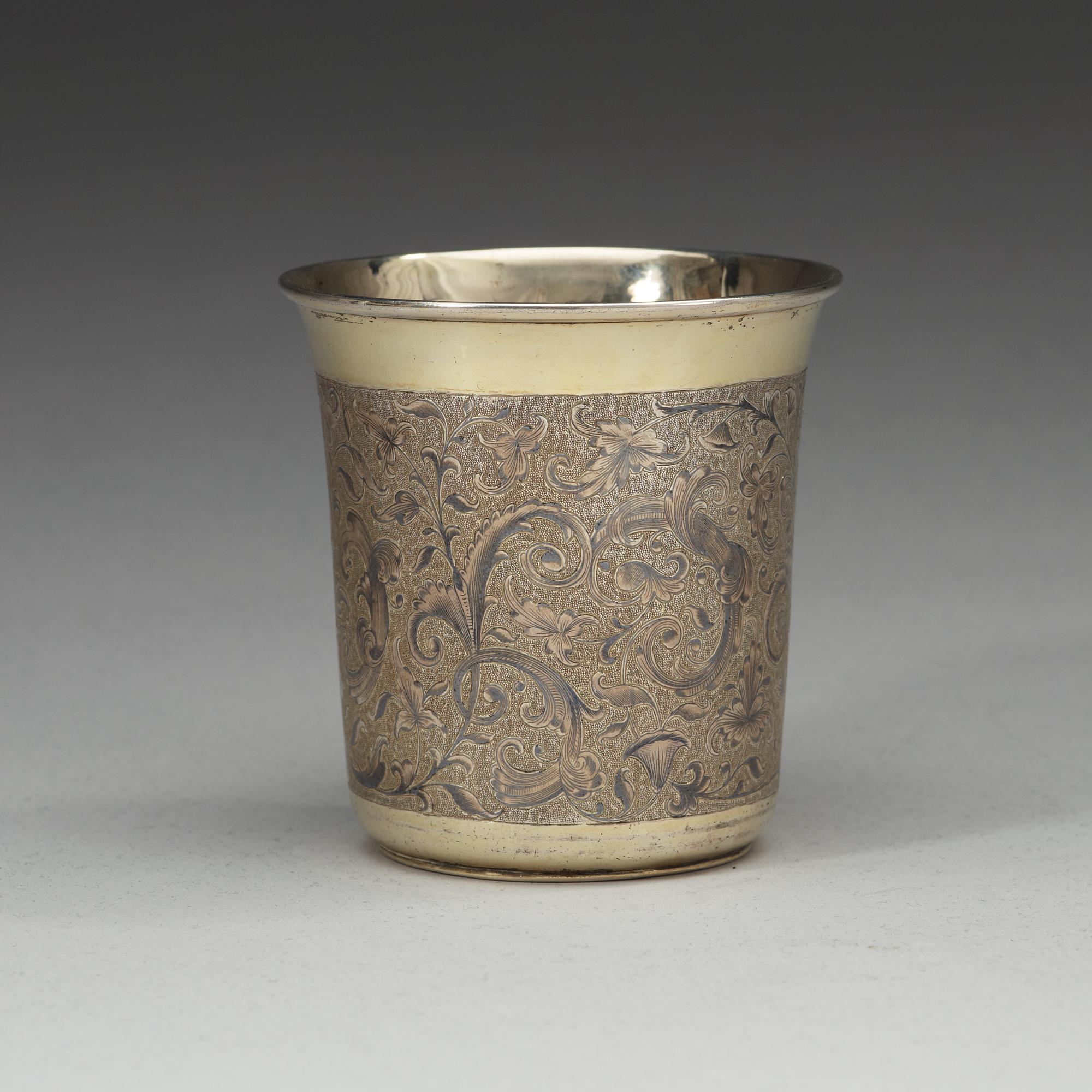 A Russian 19th century silver-gilt and niello beaker, unidentified makers mark, Moscow 1850's.