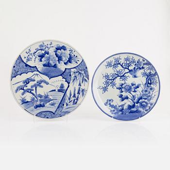 Two large blue and white Japanese porcelain dishes, Meiji (1868-1912).