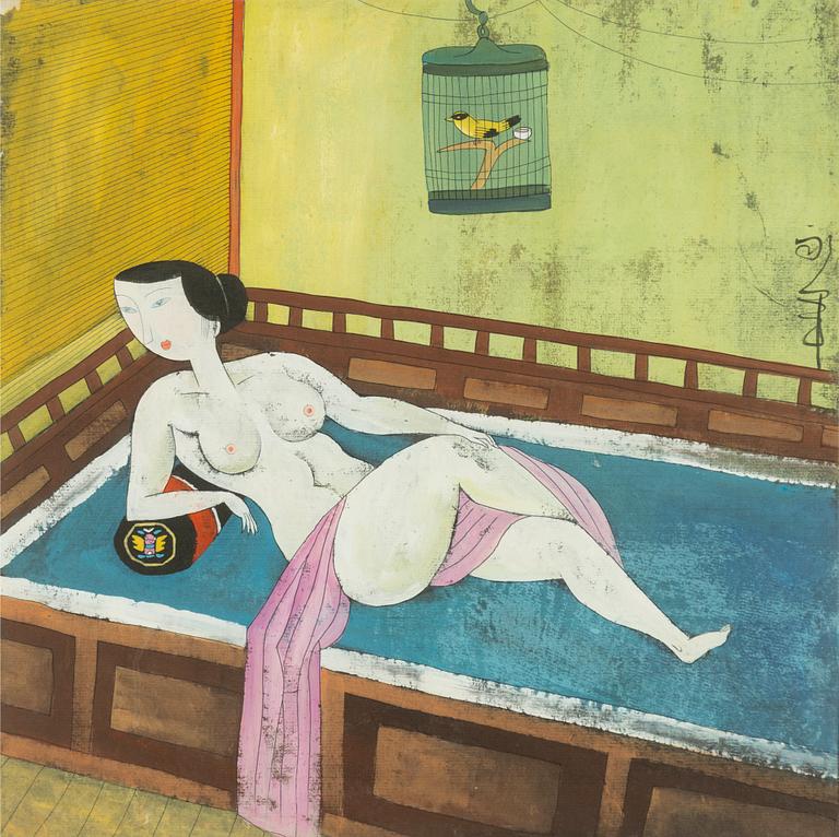 Hu Yonkai, attributed, Portrait of a woman with a bird in a cage.