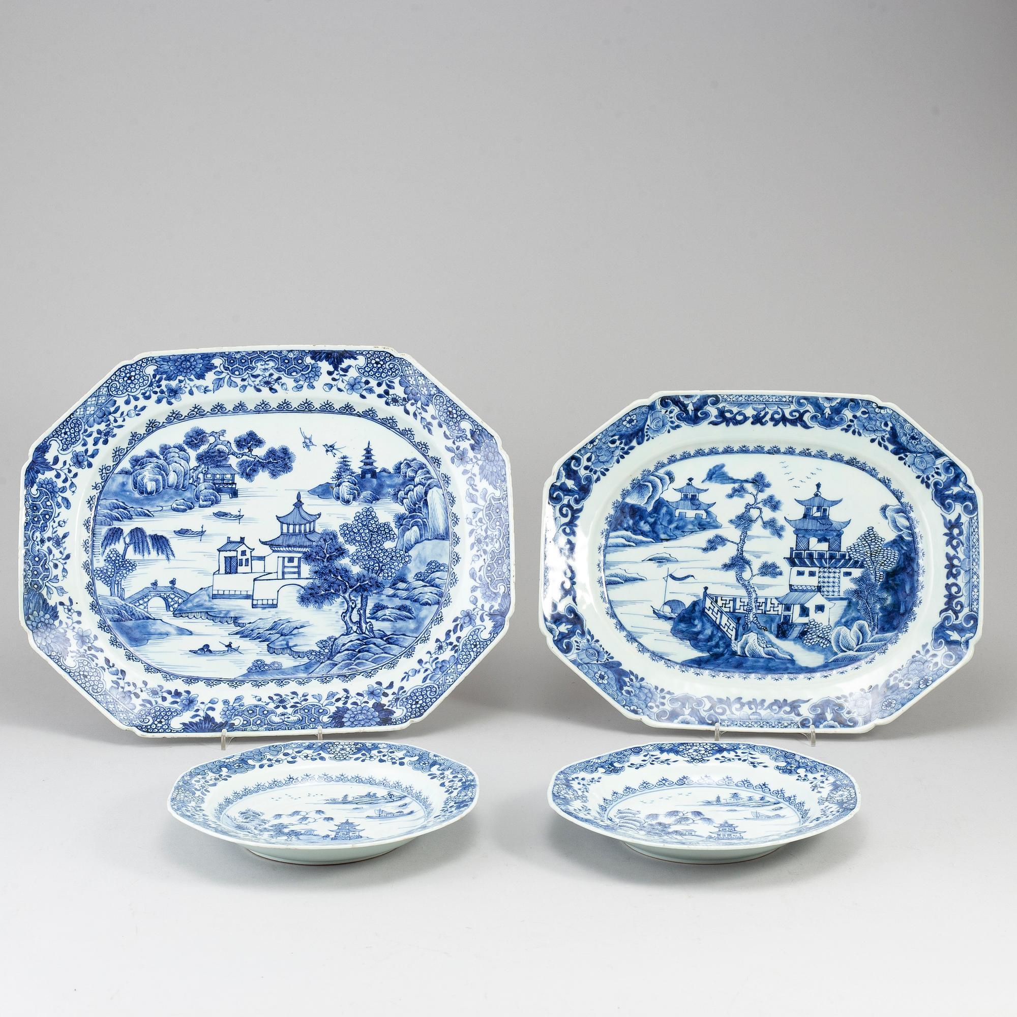 A group of blue and white dishes, Qing dynasty, QIanlong (1736-95).