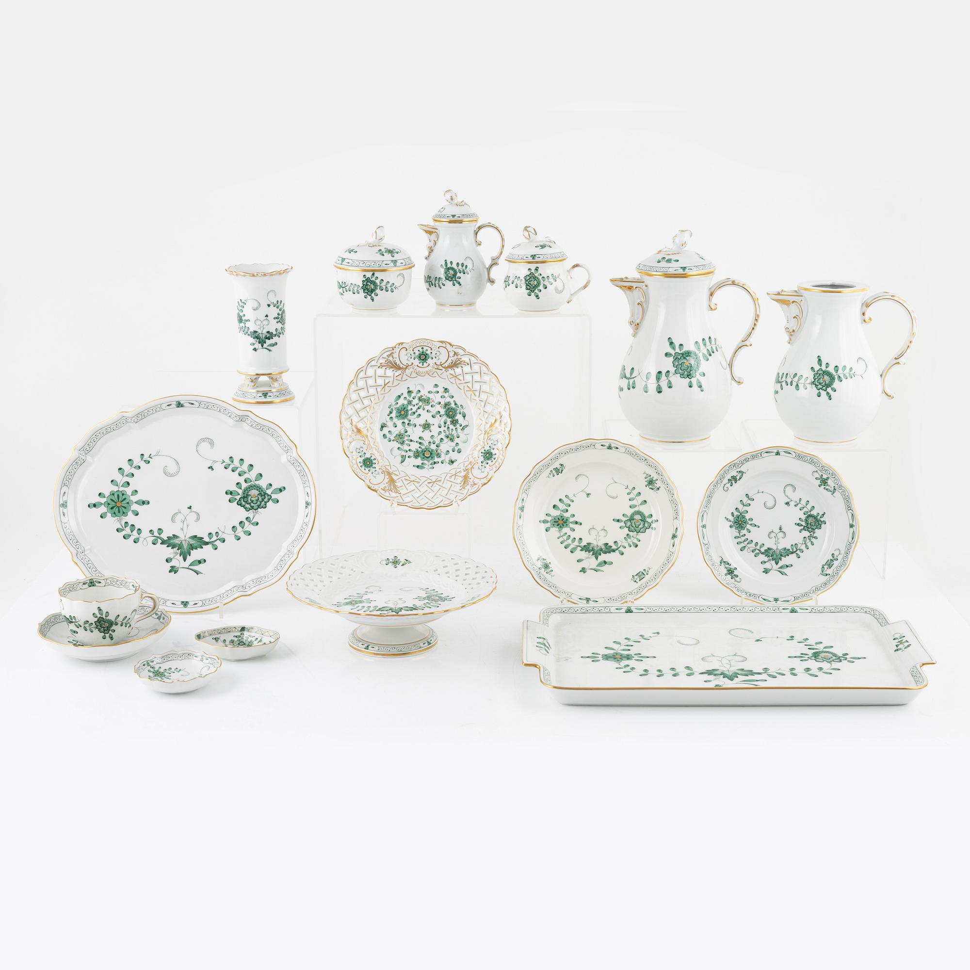 Kaffeservis, 61 delar, porslin, "Indische Malerei Grün", Meissen, 1900-tal.