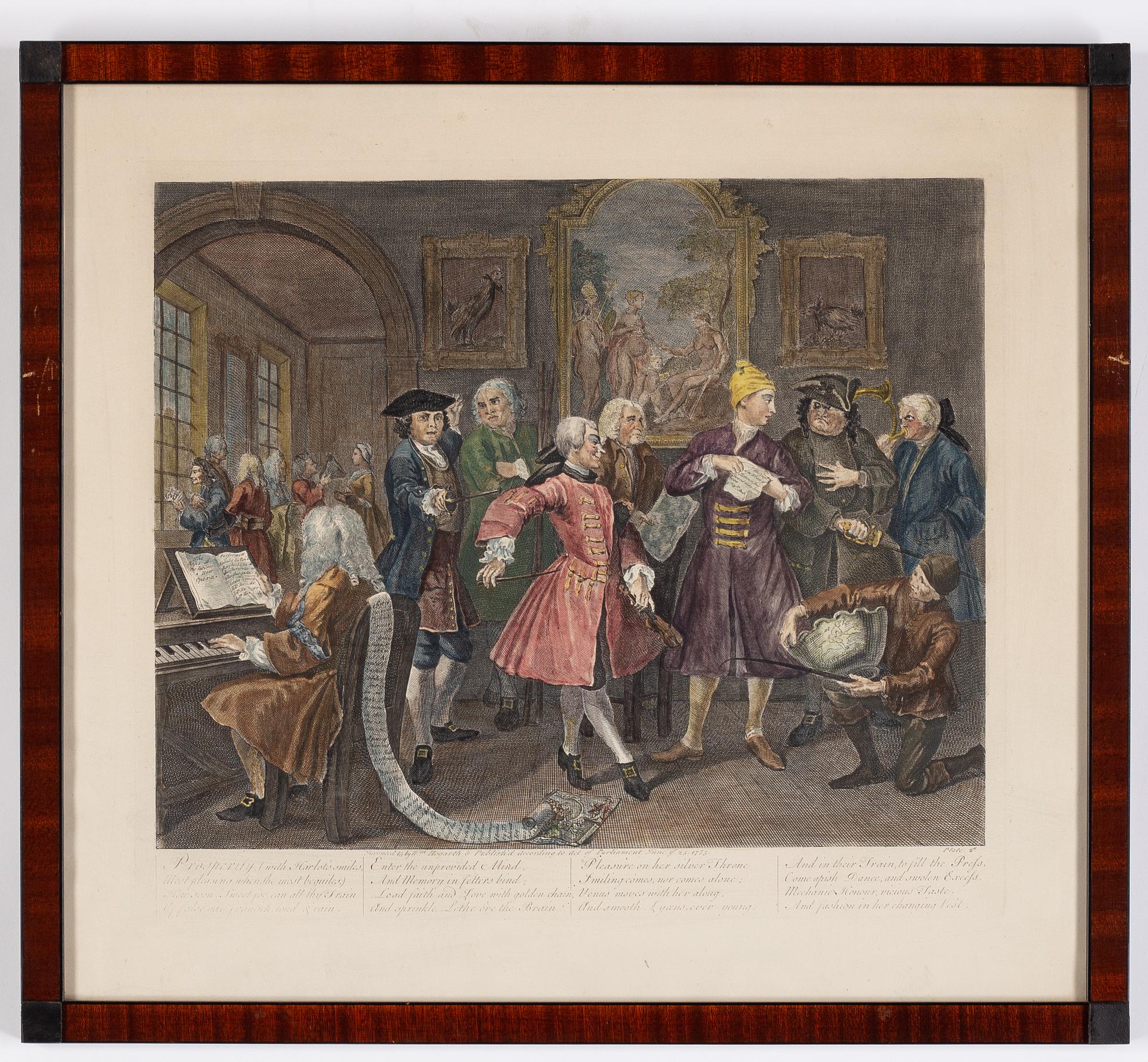 William Hogarth, efter, åtta stycken kolorerade etsningar och gravyrer.