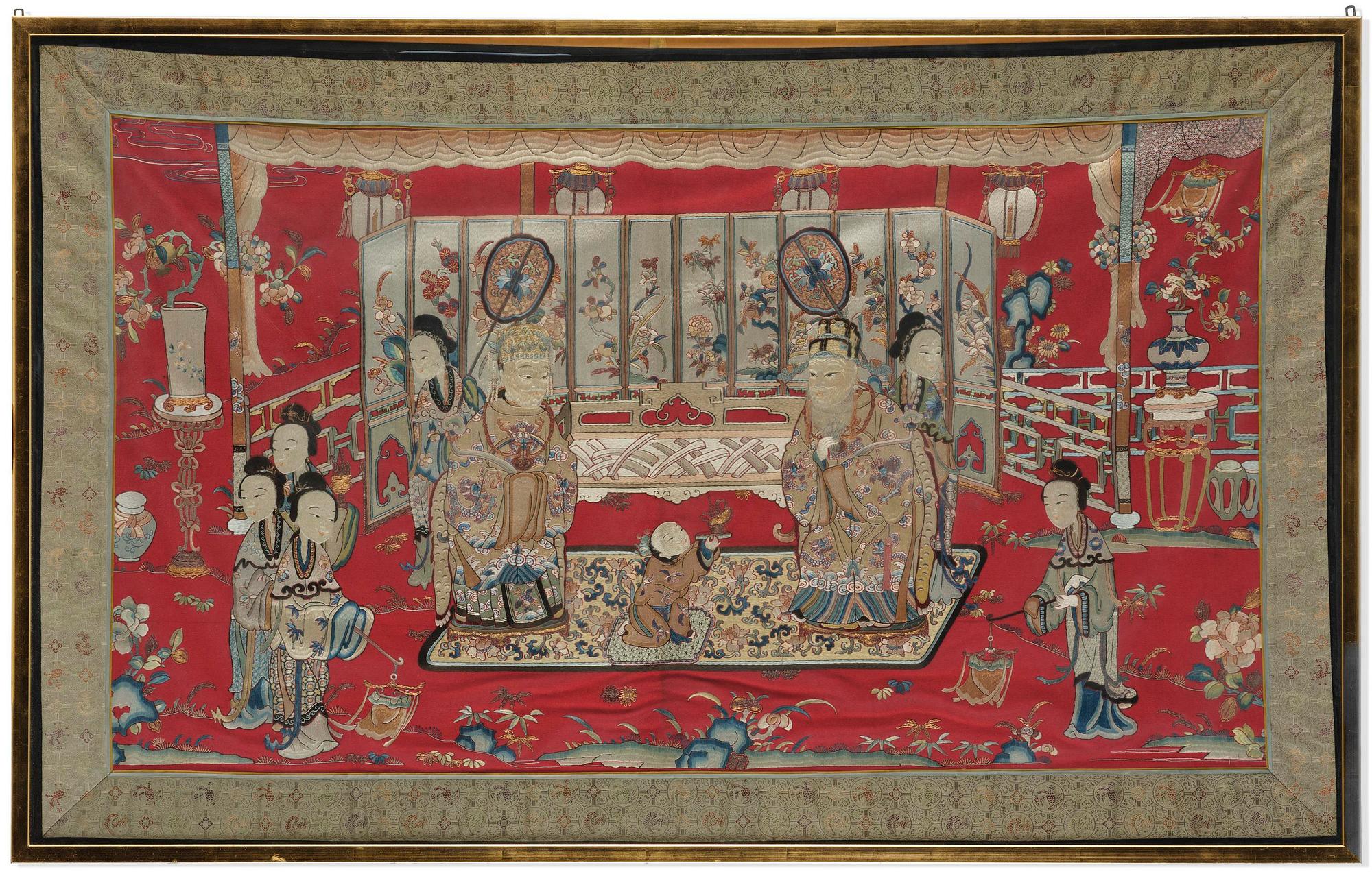 Panel, sidenbroderi. Qingdynastin, 1800-tal.