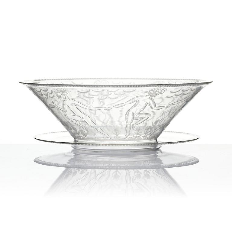 Edward Hald, an engraved glass bowl with plate, Orrefors, Sweden, 1926, model 305, engraved by Emil Goldmann.