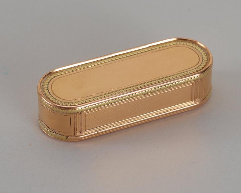 A Swedish 18th century gold snuff-box, makers mark of Friedrich Fyrwald, Stockholm 1791.