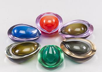 A set of 6 Murano glass ashtrays, 1965.