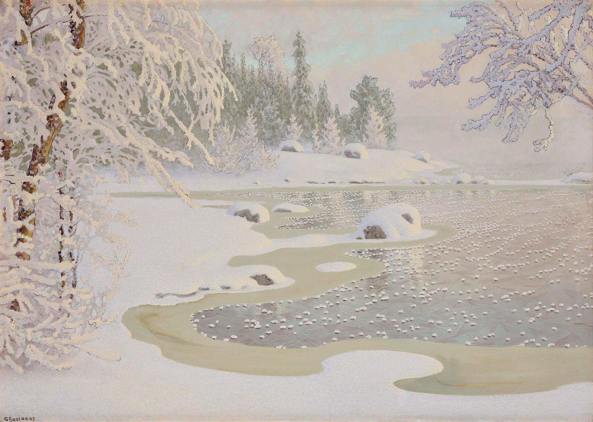 Gustaf Fjaestad, Rime frost over frozen lake in sunlit landscape.