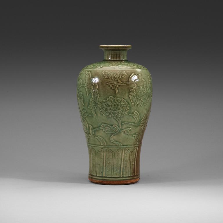 A celadon glazed Meiping vase, presumably Ming dynasty.