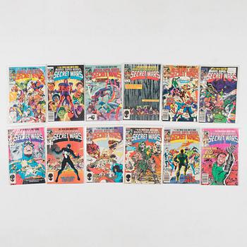 Serietidningar, 45 st, kompletta serier, Secret Wars I, II, III, Marvel, USA, 1984-88.