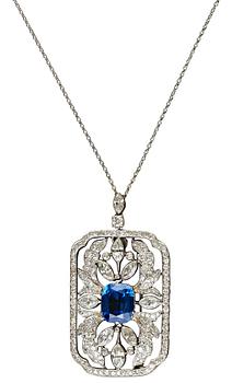 911. A W.A. Bolin platinum, blue sapphire, app. 4.60 cts, and diamond pendant/brooch, tot. 4.69 cts. Stockholm 1930.