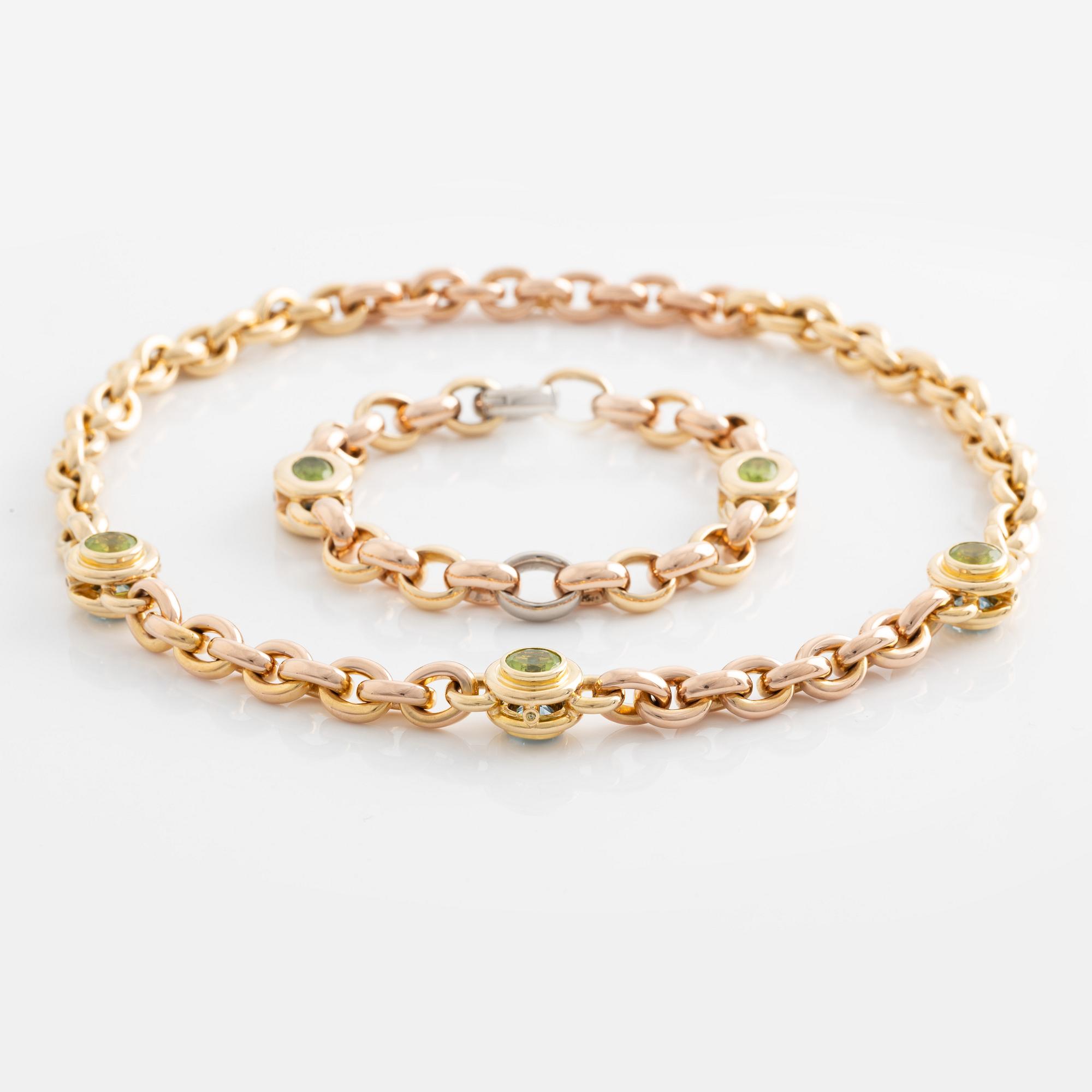 Gaudy, necklace and bracelet with peridot and aquamarines.