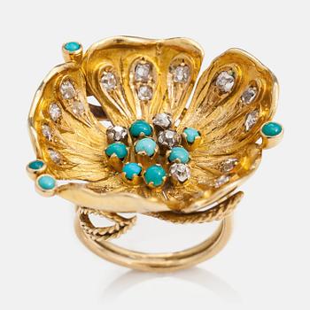 LOTTA ORKOMIES. An 18K gold ring with turquoises and old mine-cut diamonds ca. 0.90 ct in ttl. A Tillander Helsinki 1974.