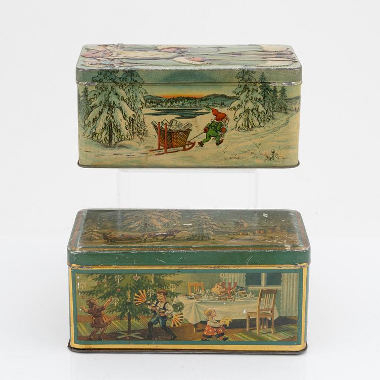 Two christmas tin coffee boxes, Gevalia, Sweden, 1930's.