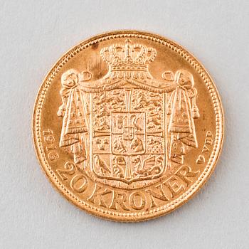 A 20 kroner gold coin, Christian X, Denmark, 1916. Weigth 9 gram.