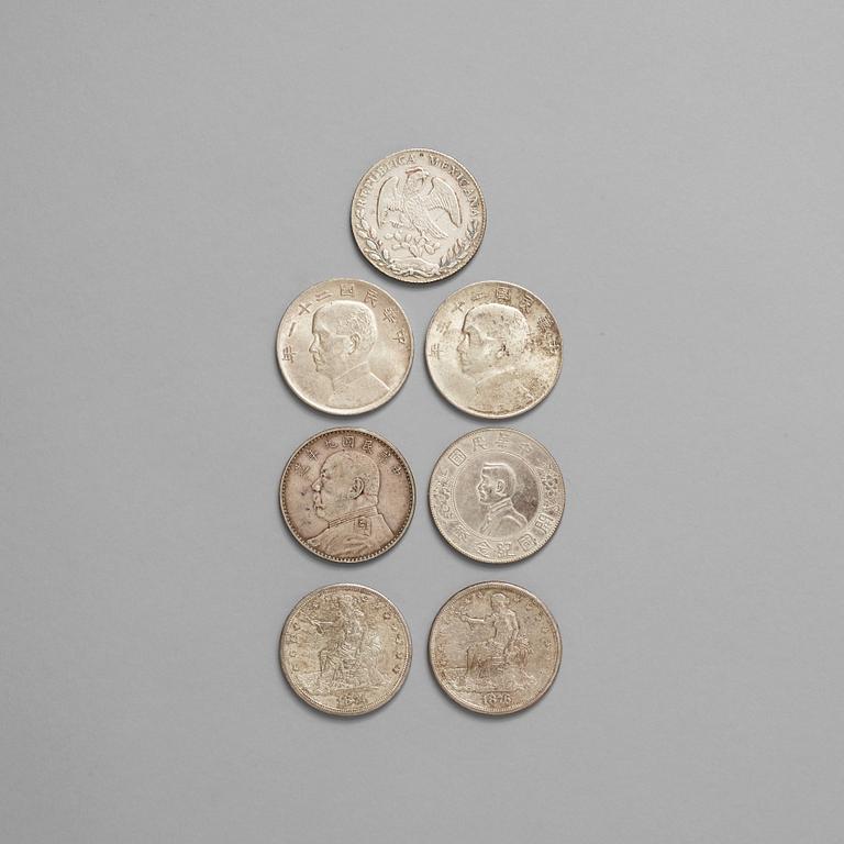 A group of seven silver coins, USA, Mexico and China, dated 1874-1920).