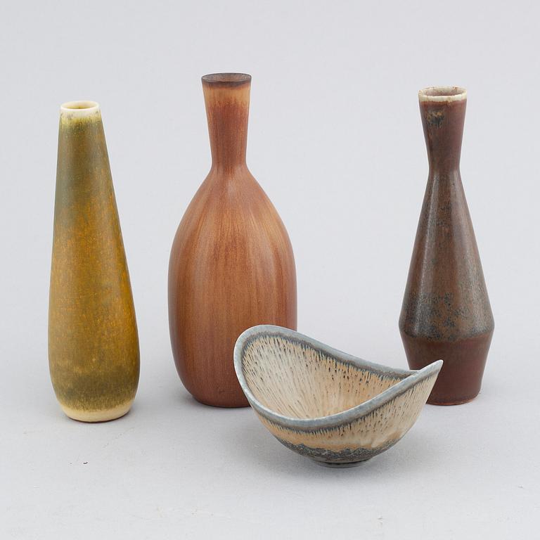 Three vases and one bowl in stoneware, designed by Carl-Harry Stålhane & Gunnar Nylund for Rörstrand.