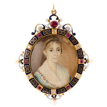 A PENDANT / FRAME, early 19th century miniature painting, 18K gold, enamel, diamonds, rubies, pearls.