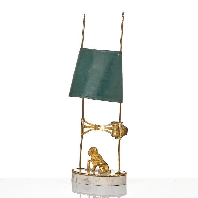 A late Gustavian gilt brass, marble and tole reading lamp, late 18th century.
