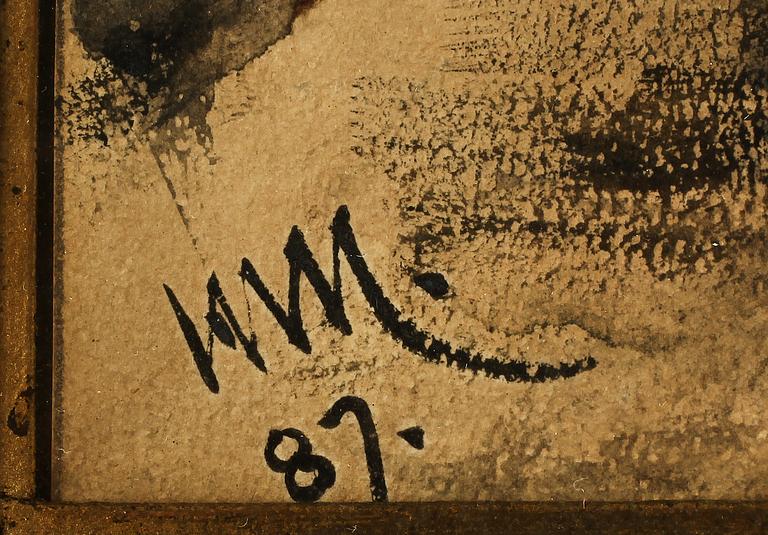 OKÄND KONSTNÄR, akvarell, monogramsign KM för Knud Marstrand samt dat -87.