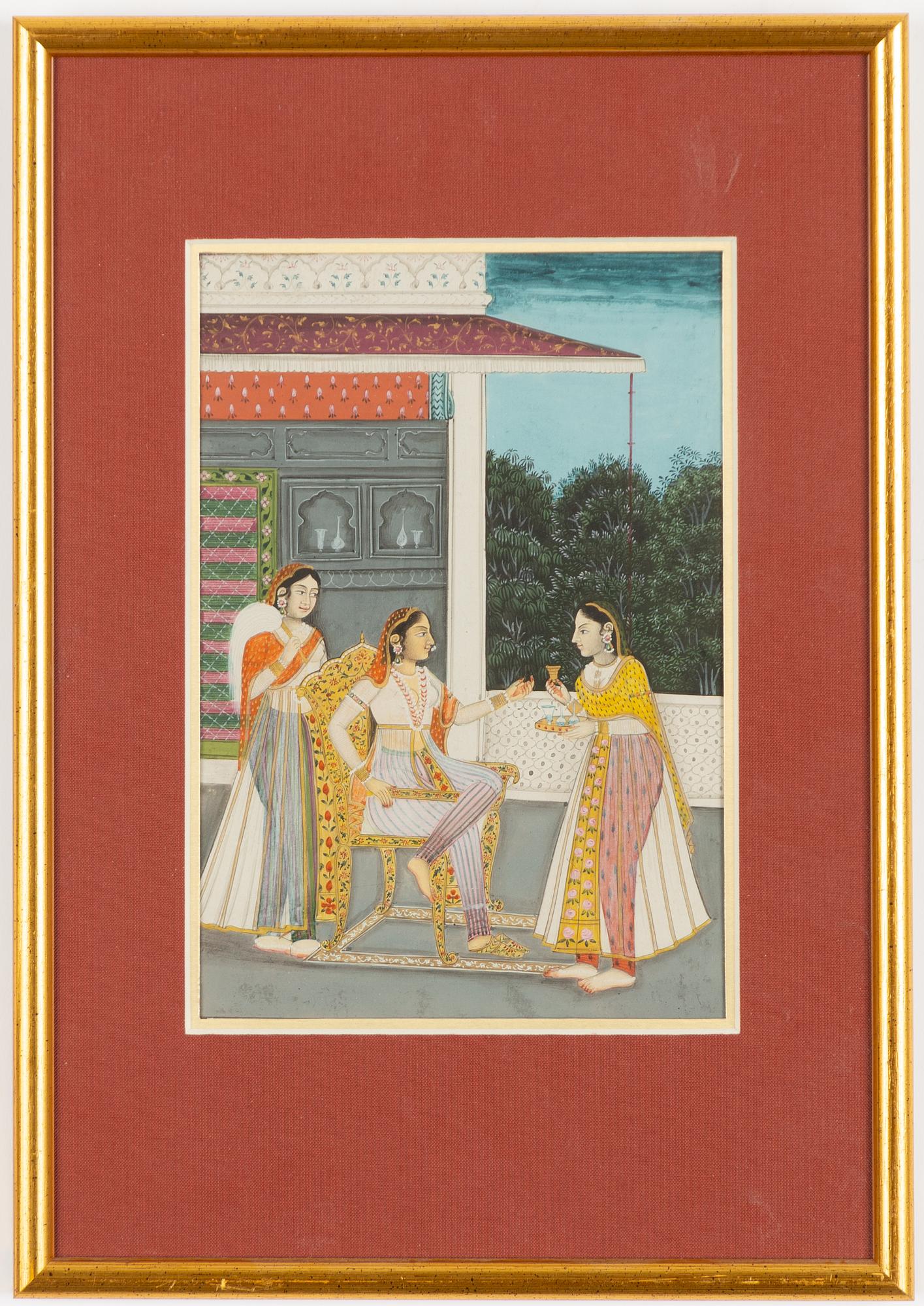 Unidentified artist, Elegant ladies in a palace setting, India, 20th century.
