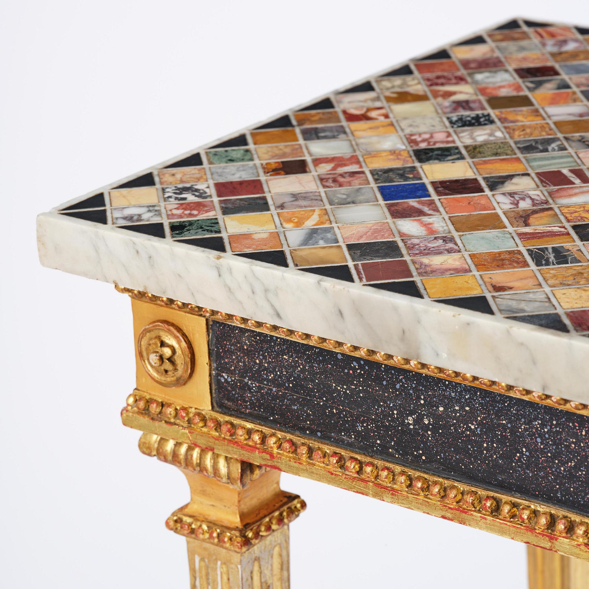 A late Gustavian giltwood console table with an Italian specimen-marble top , Stockholm, late 18th century.