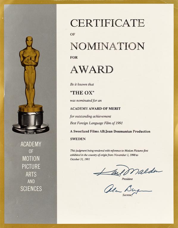 NOMINERINGSCERTIFIKAT FÖR ACADEMY AWARD,
