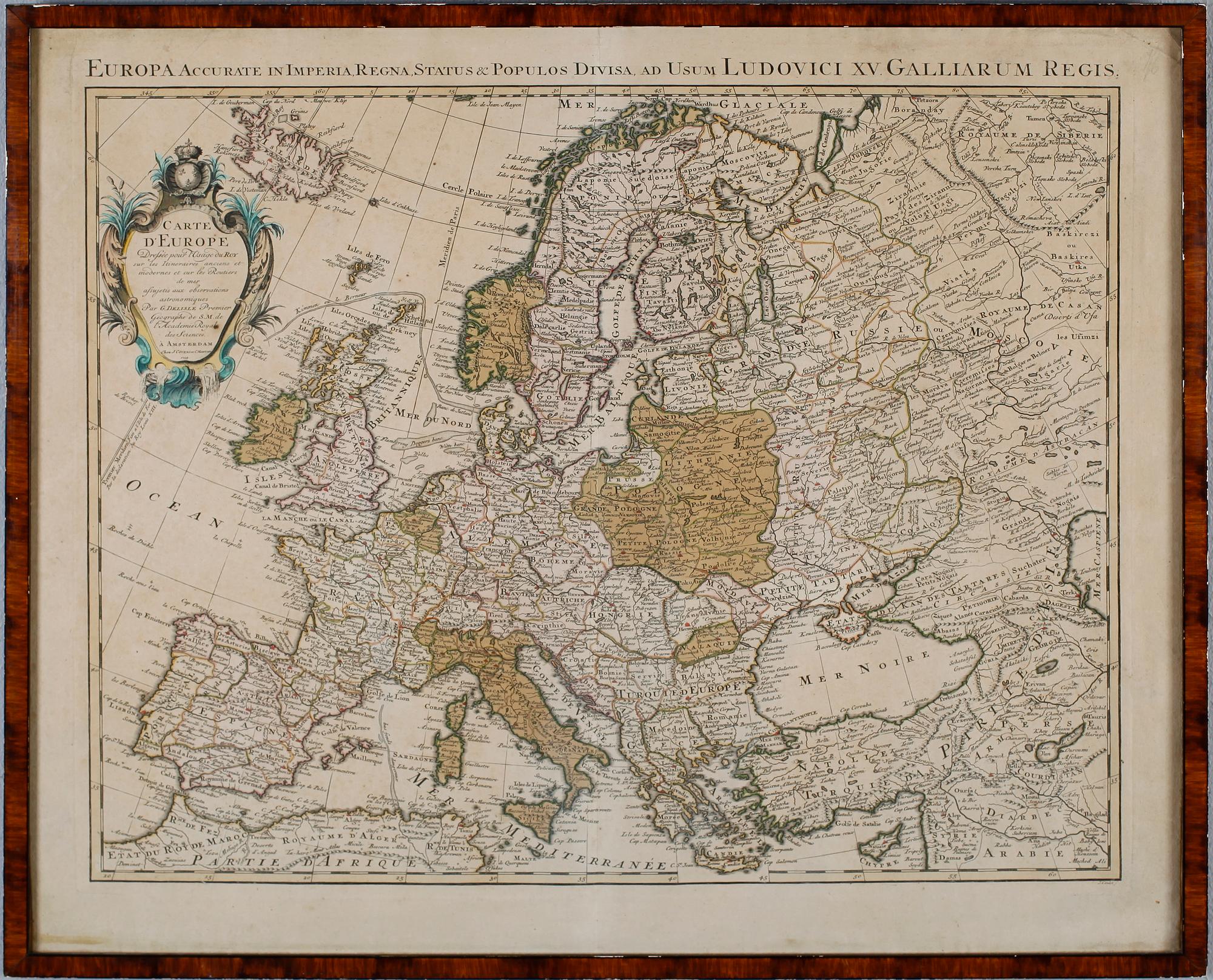 KARTA, kopparstick, "Carte d`Europe", Chez J. Covens et C. Mortier, daterad 1739.